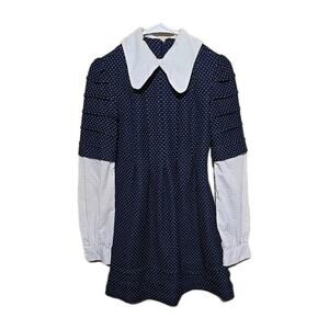 Vtg 1970s Tracy Petites Navy Blue Polka Dot Crepe Mini‎ Dress Womans Size 5/6